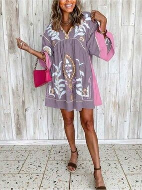 Floral Embroidered look Pink & Mauve V-Neck Women’s Dress